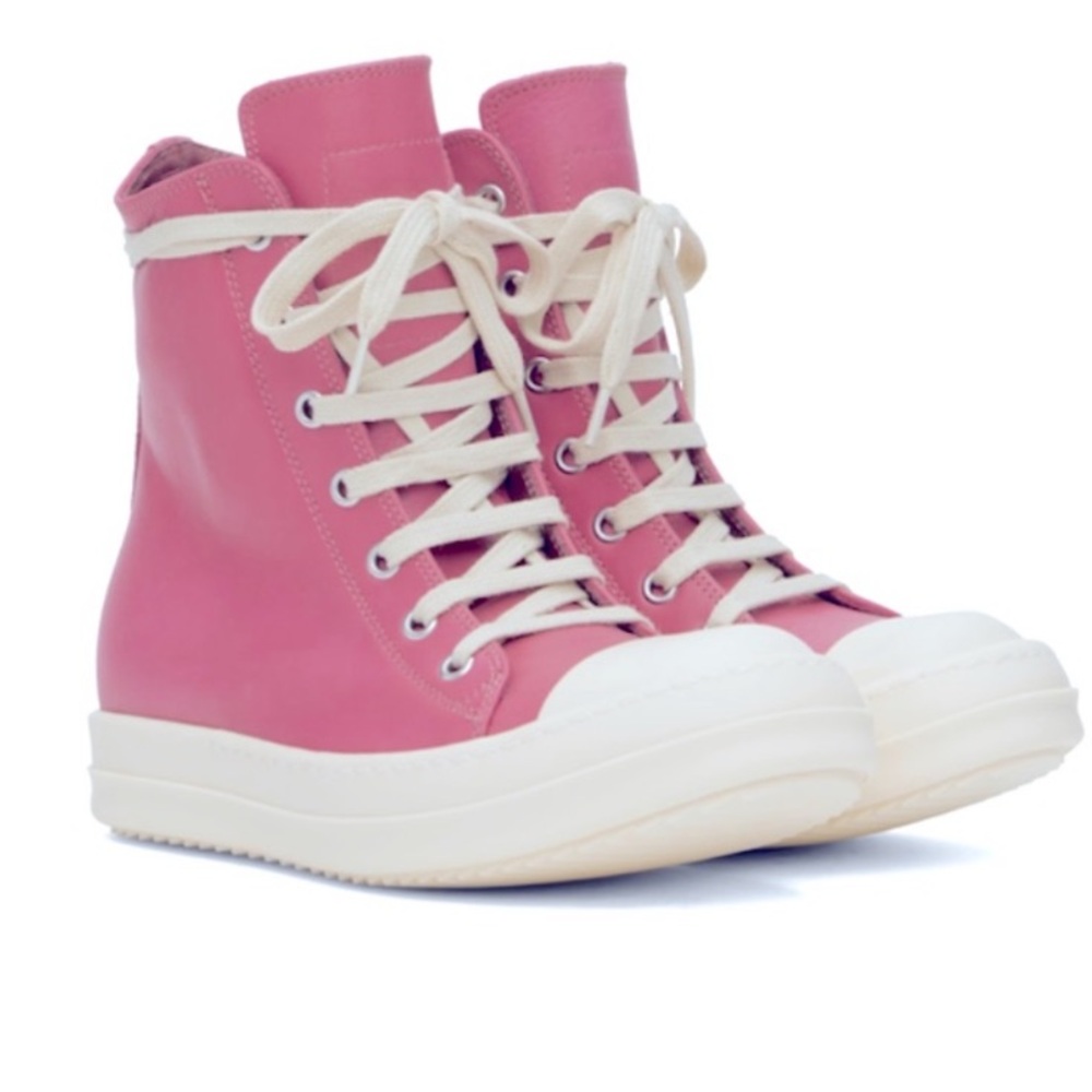 High-top Rick Owens waxed calfskin sneakers in pink. Laced up, extended tongue.